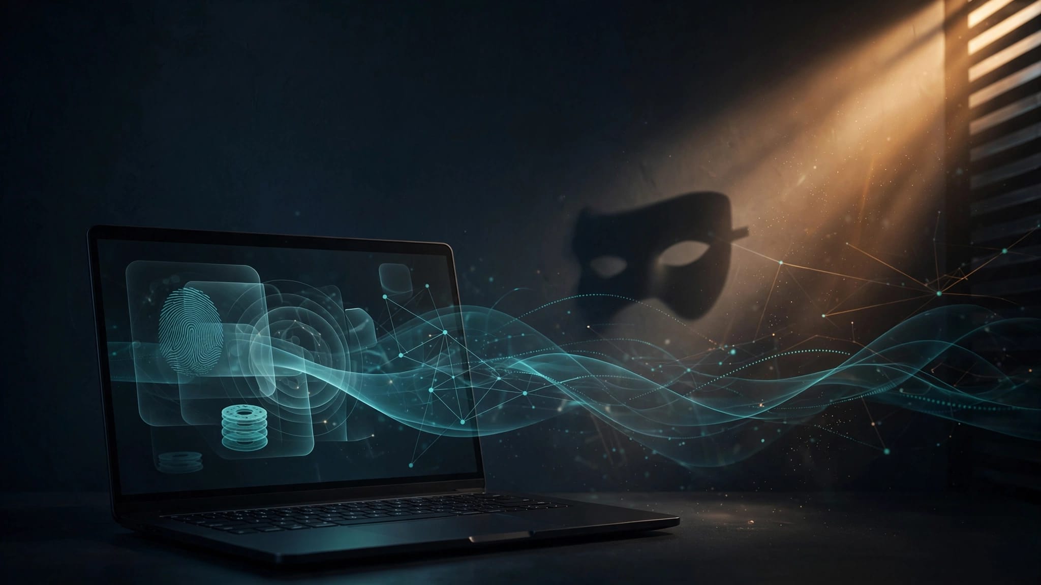 Laptop scuro con scie luminose che rappresentano tracce digitali e anonimato incompleto.