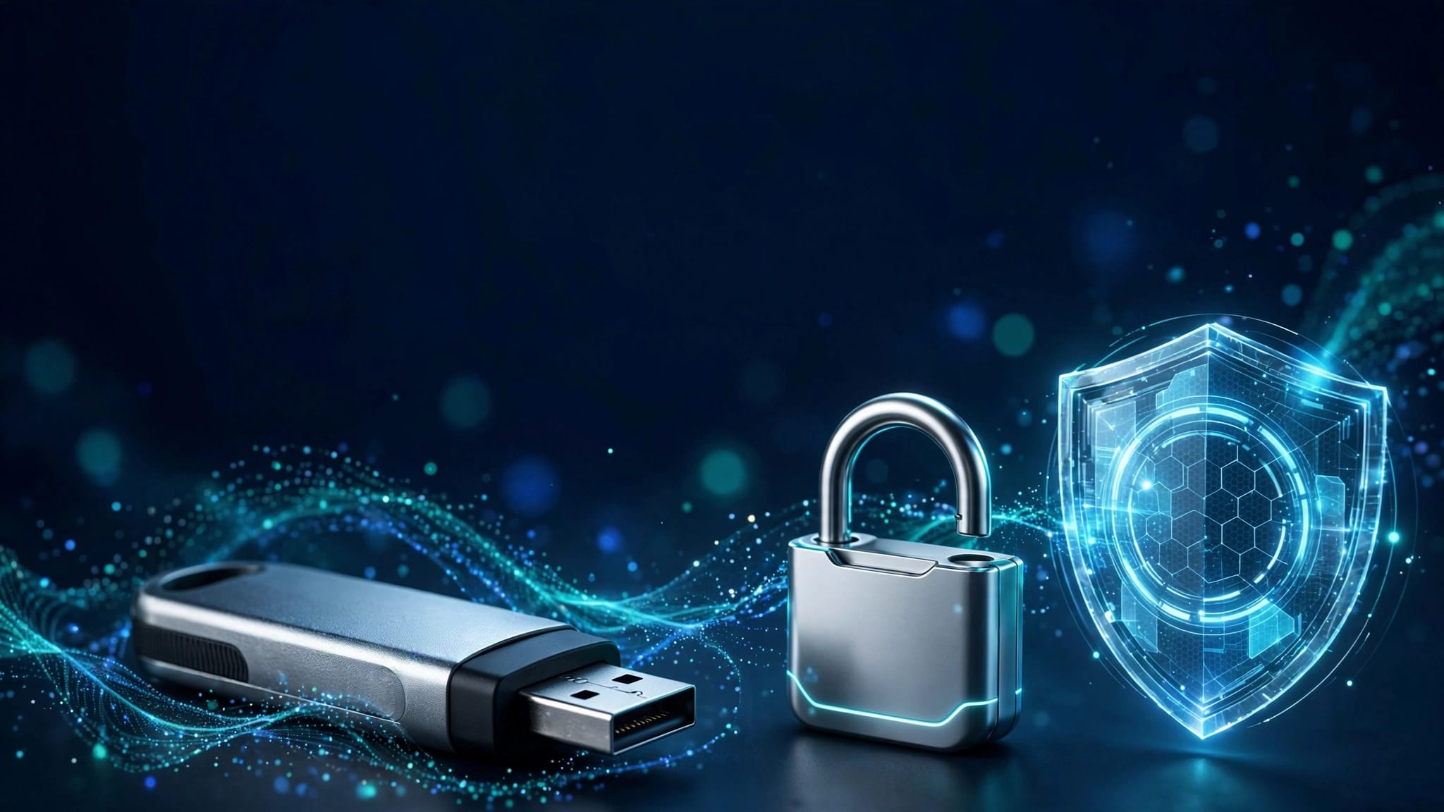 Chiavetta USB accanto a un lucchetto digitale e a uno scudo luminoso.