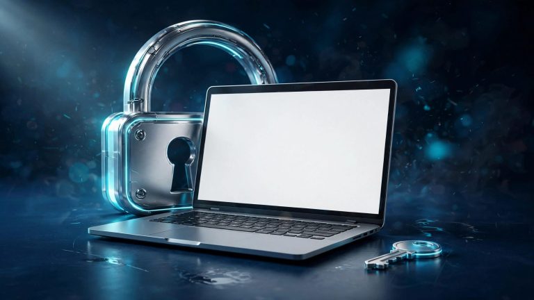 Laptop con PDF bianco protetto da un lucchetto luminoso su sfondo blu scuro.
