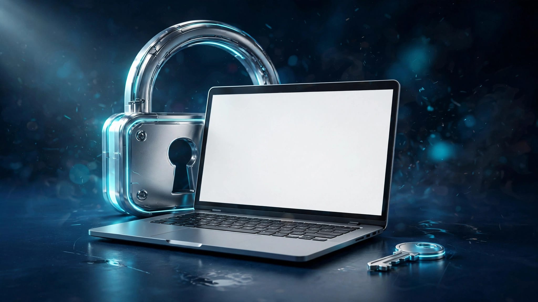Laptop con PDF bianco protetto da un lucchetto luminoso su sfondo blu scuro.