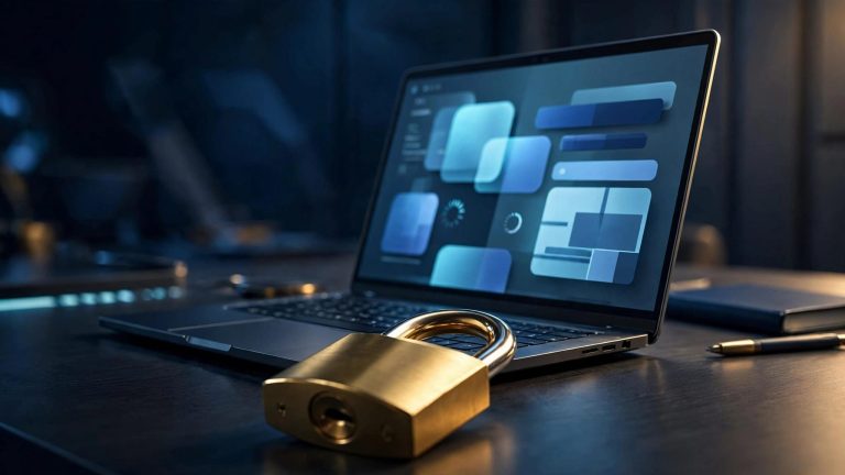 Laptop con interfaccia di Word protetta da un grande lucchetto dorato.