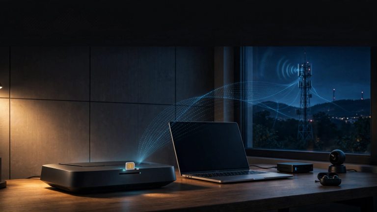 Router 5G con SIM, laptop e videocamera su una scrivania vicino alla finestra.