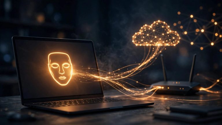Laptop con maschera incognito e connessioni luminose verso router e rete.