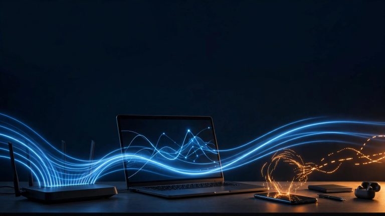 Router Wi‑Fi, laptop e smartphone su una scrivania, con luci blu e ambra che suggeriscono la connessione.