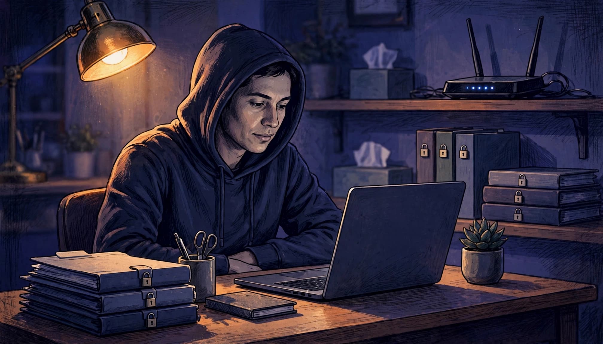 Una persona usa un laptop a casa, con router e simboli di privacy sulla scrivania.