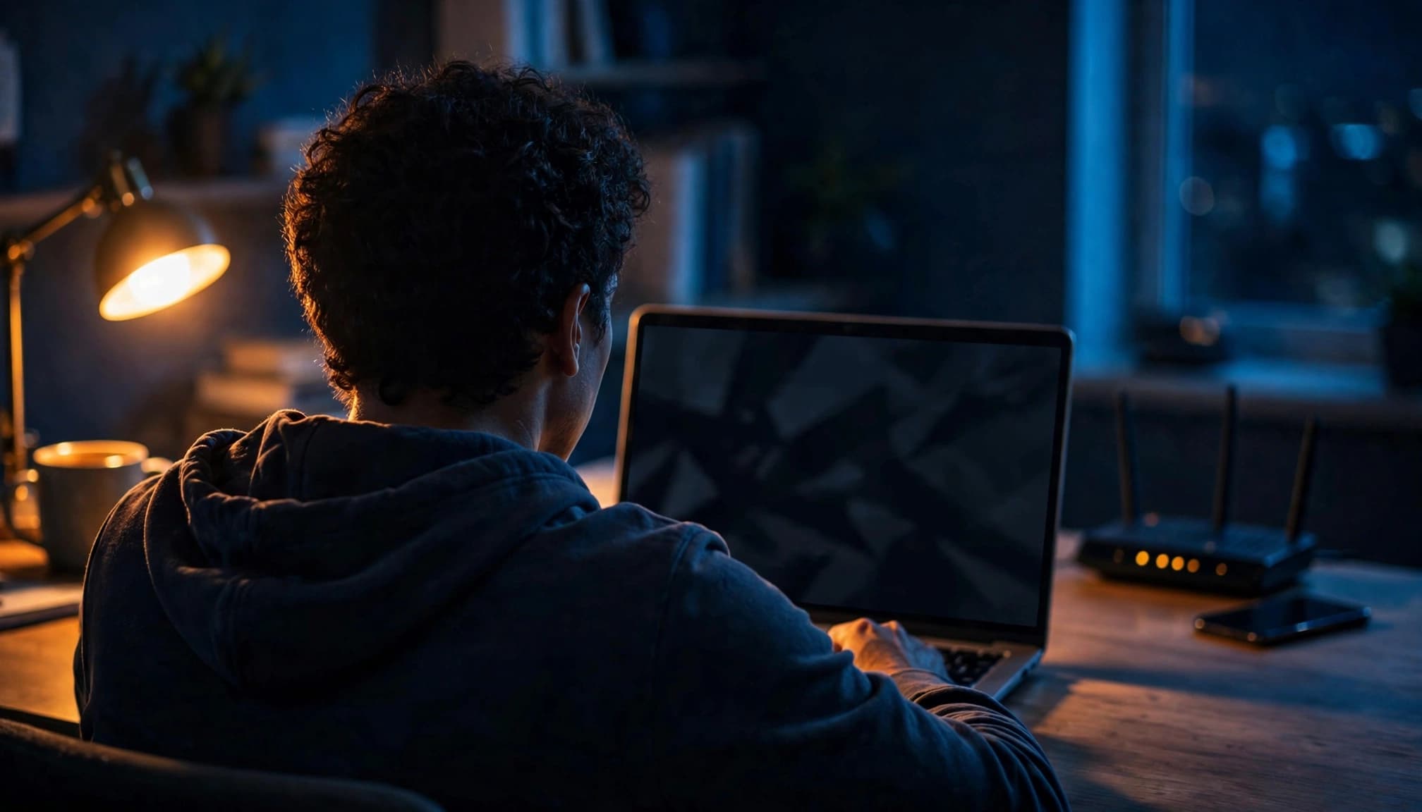 Persona al laptop in un ufficio domestico illuminato da luci blu e ambrate.