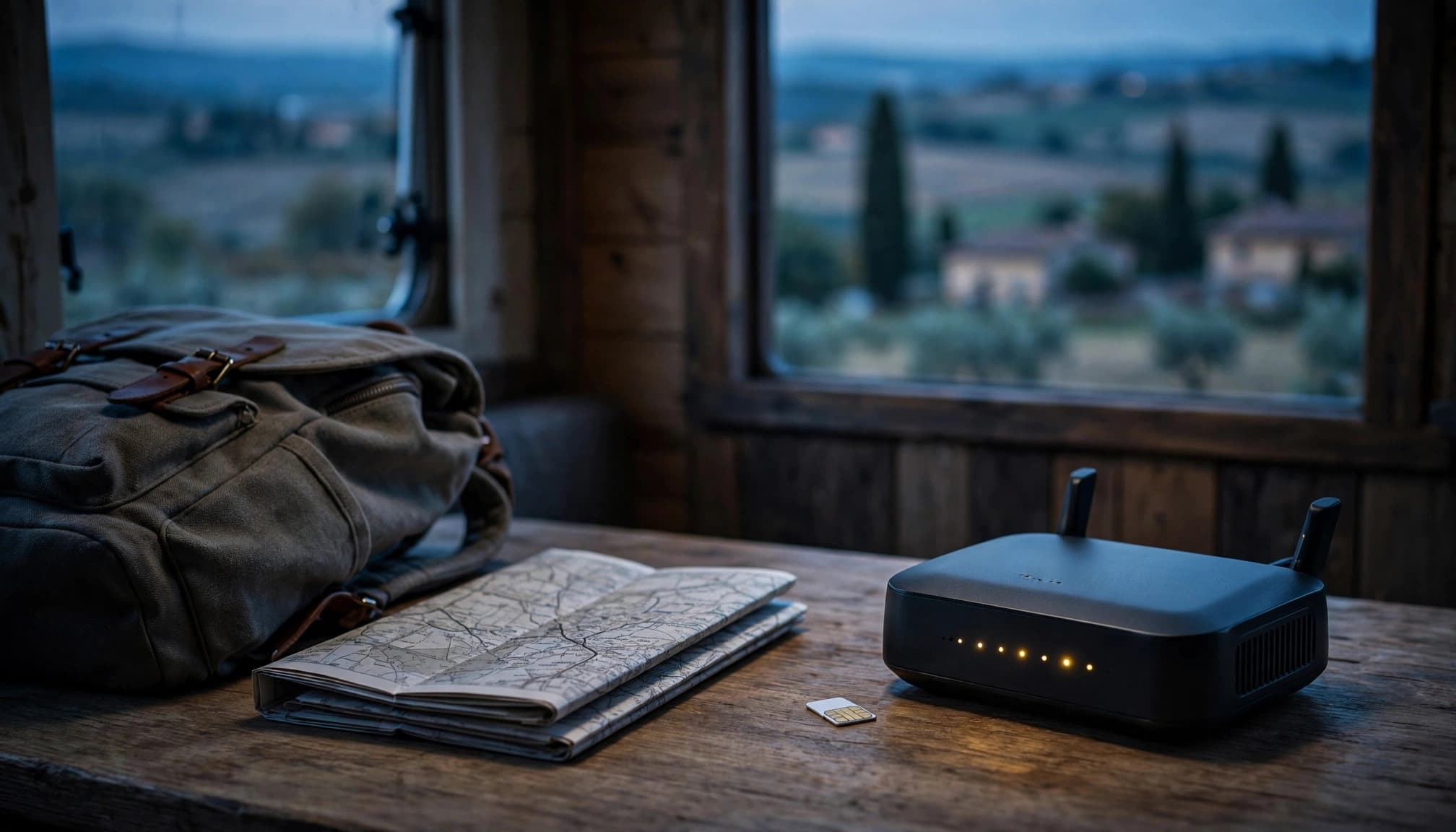 Router 4G, mappa piegata e zaino su un tavolo di legno in un ambiente rurale.