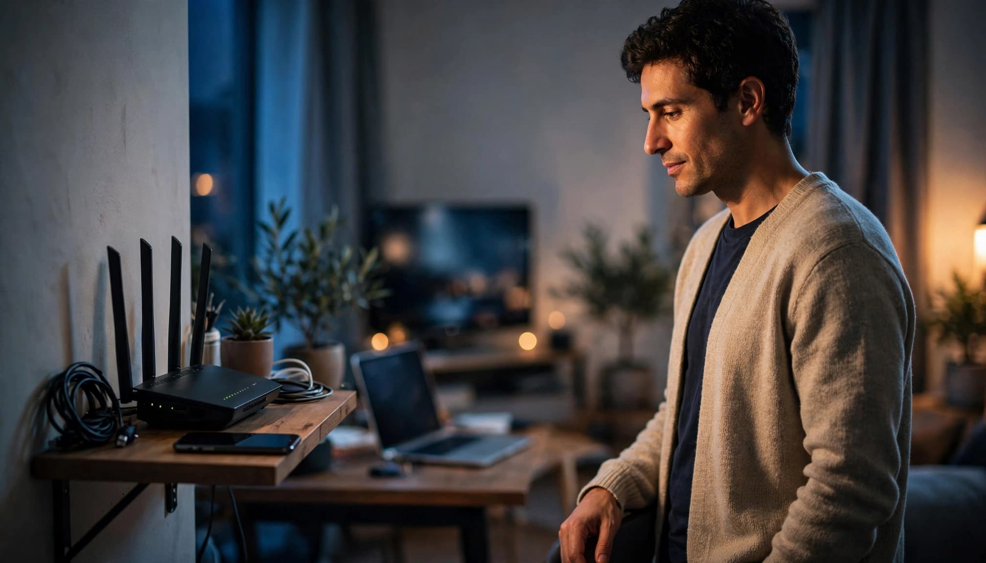 Persona con smartphone accanto a un router Wi-Fi in un soggiorno italiano.