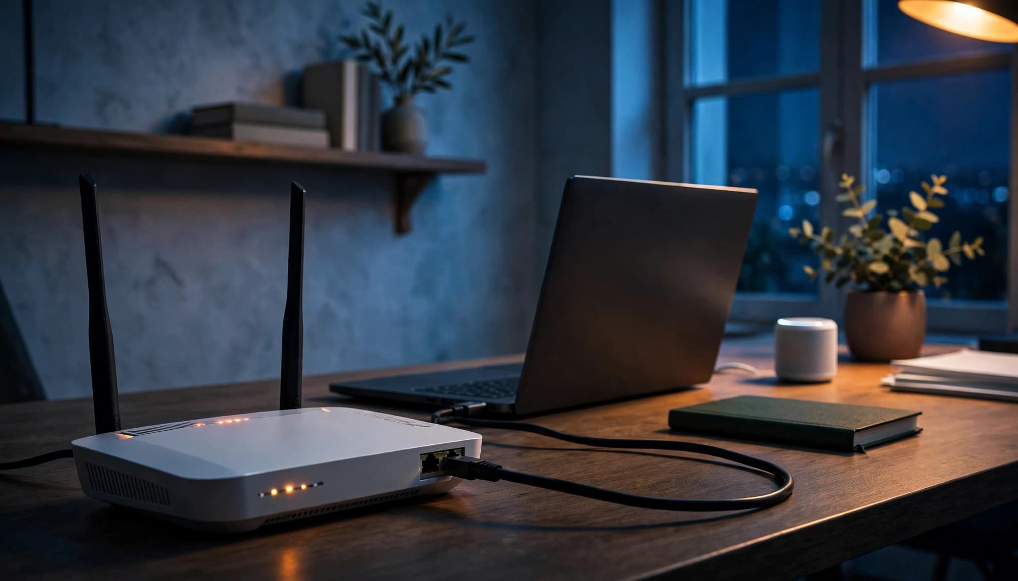 Router, nodo mesh e laptop su una scrivania, con un cavo Ethernet in primo piano.